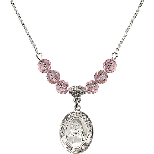 Sterling Silver Saint Pauline Visintainer Birthstone Necklace with Light Rose Beads - 8391