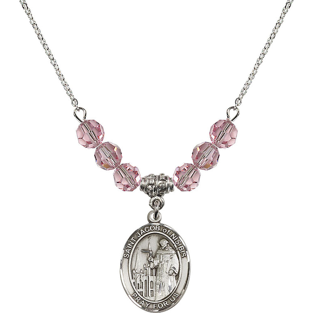 Sterling Silver Saint Jacob of Nisibis Birthstone Necklace with Light Rose Beads - 8392