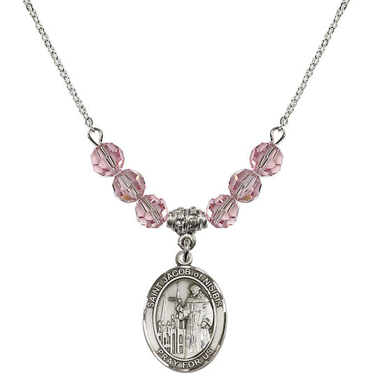Sterling Silver Saint Jacob of Nisibis Birthstone Necklace with Light Rose Beads - 8392