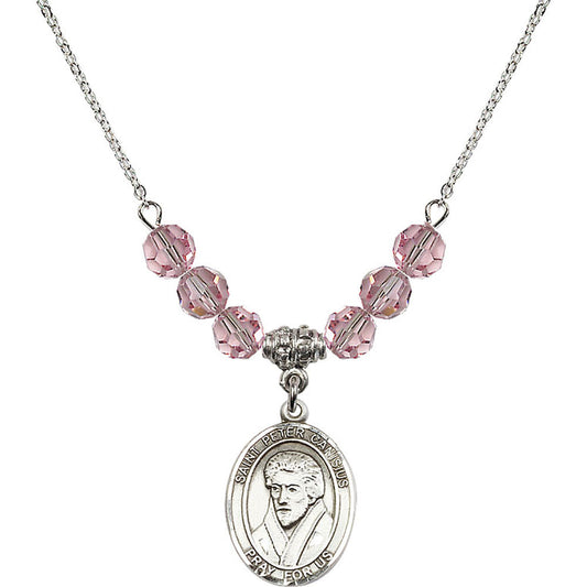 Sterling Silver Saint Peter Canisius Birthstone Necklace with Light Rose Beads - 8393