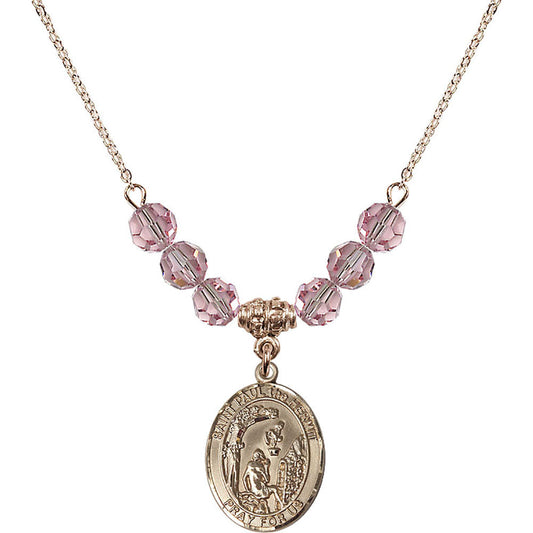 14kt Gold Filled Saint Paul the Hermit Birthstone Necklace with Light Rose Beads - 8394