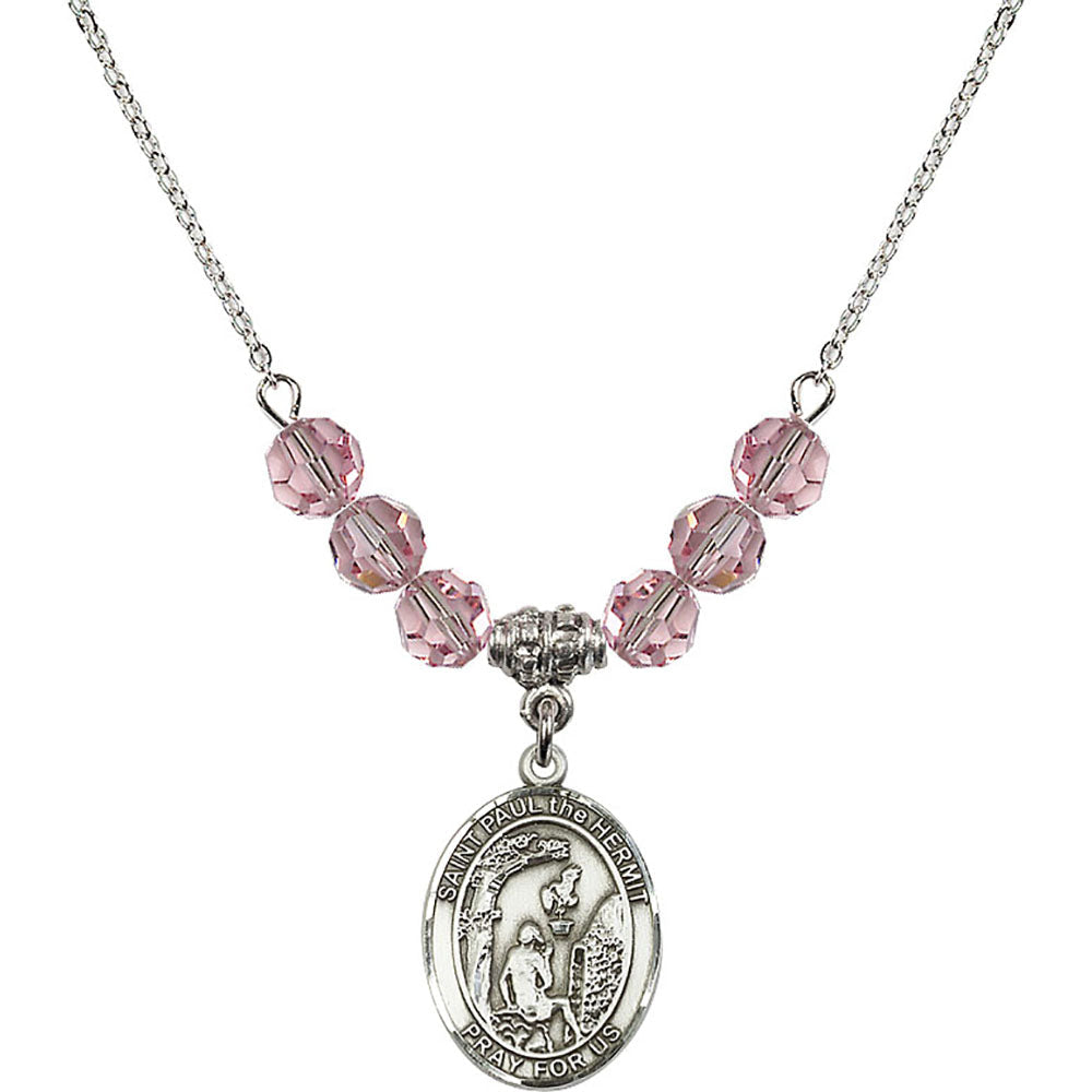 Sterling Silver Saint Paul the Hermit Birthstone Necklace with Light Rose Beads - 8394