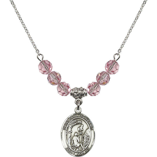 Sterling Silver Saint Paul the Hermit Birthstone Necklace with Light Rose Beads - 8394