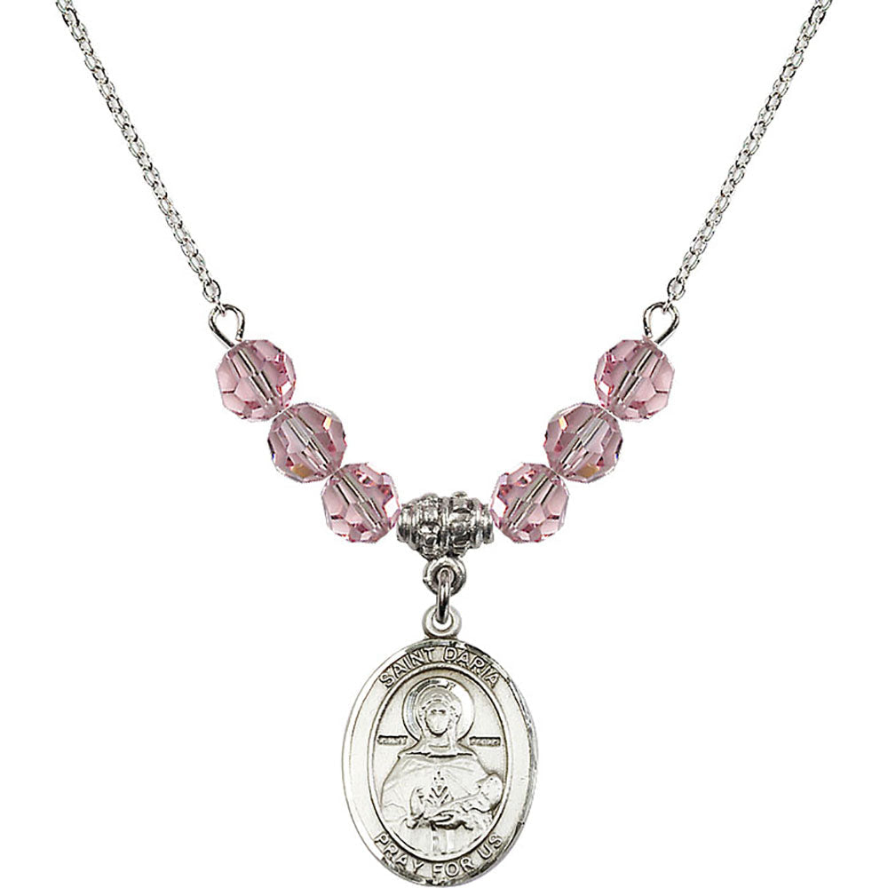 Sterling Silver Saint Daria Birthstone Necklace with Light Rose Beads - 8396