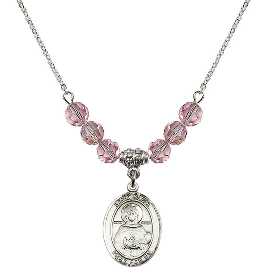 Sterling Silver Saint Daria Birthstone Necklace with Light Rose Beads - 8396
