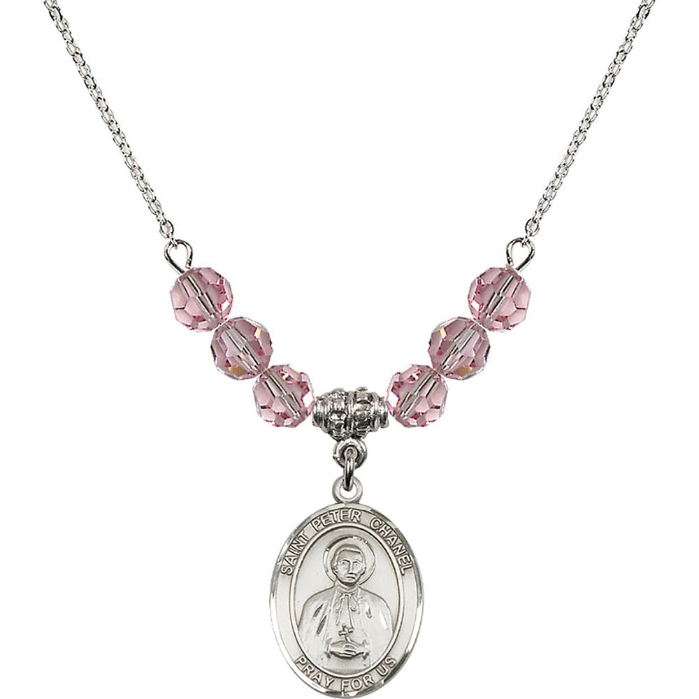 Sterling Silver Saint Peter Chanel Birthstone Necklace with Light Rose Beads - 8397