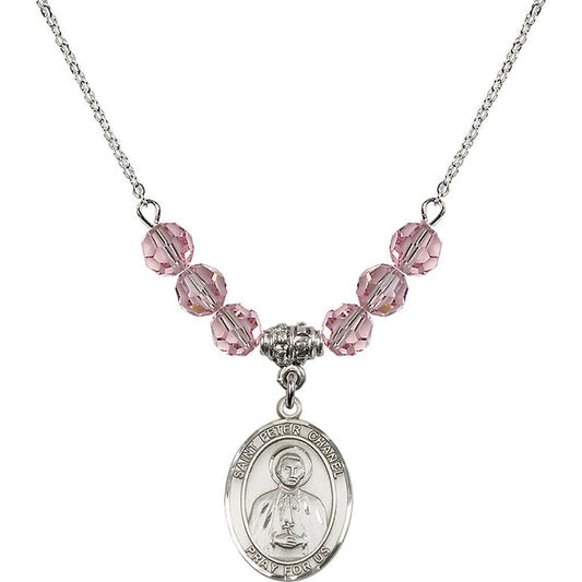 Sterling Silver Saint Peter Chanel Birthstone Necklace with Light Rose Beads - 8397