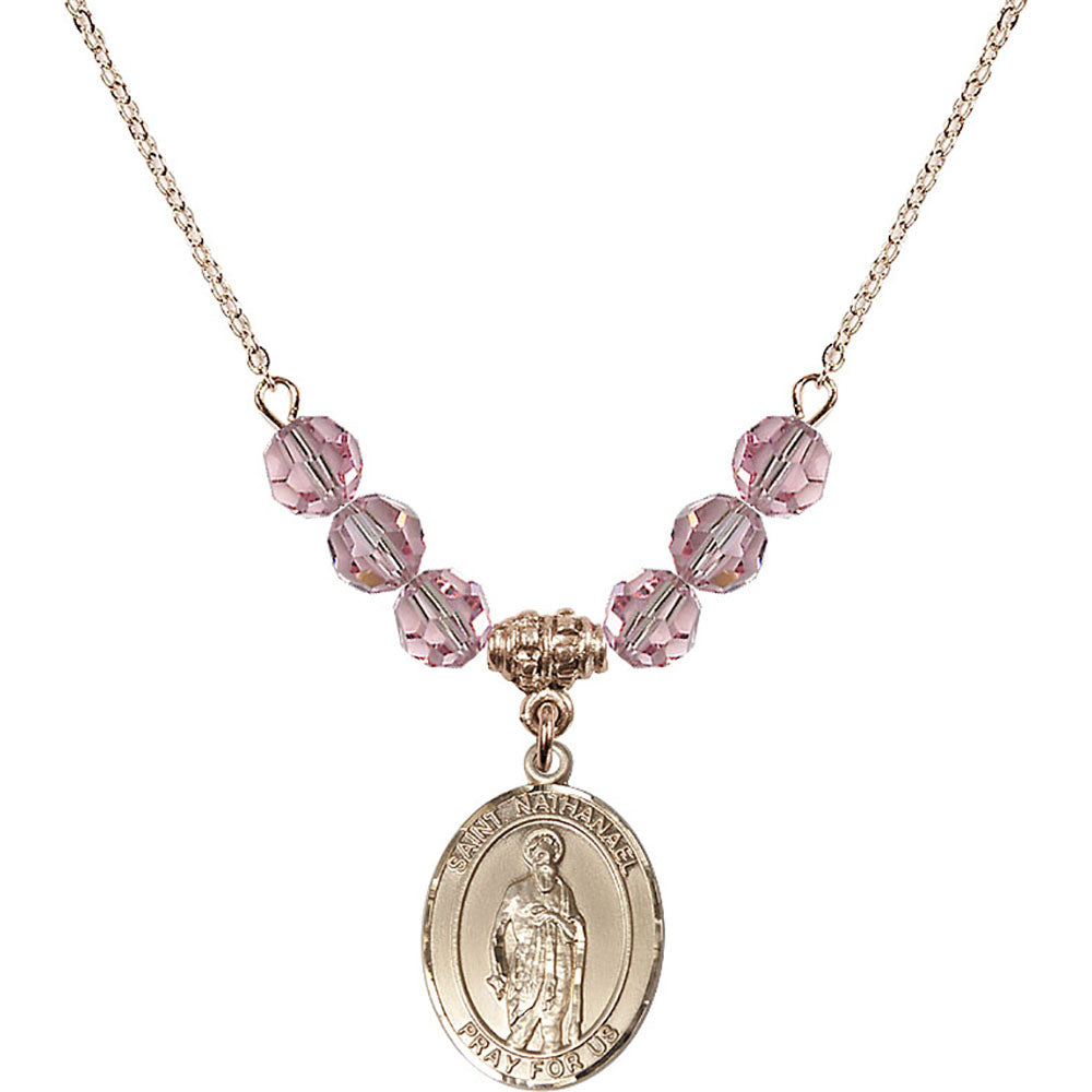 14kt Gold Filled Saint Nathanael Birthstone Necklace with Light Rose Beads - 8398