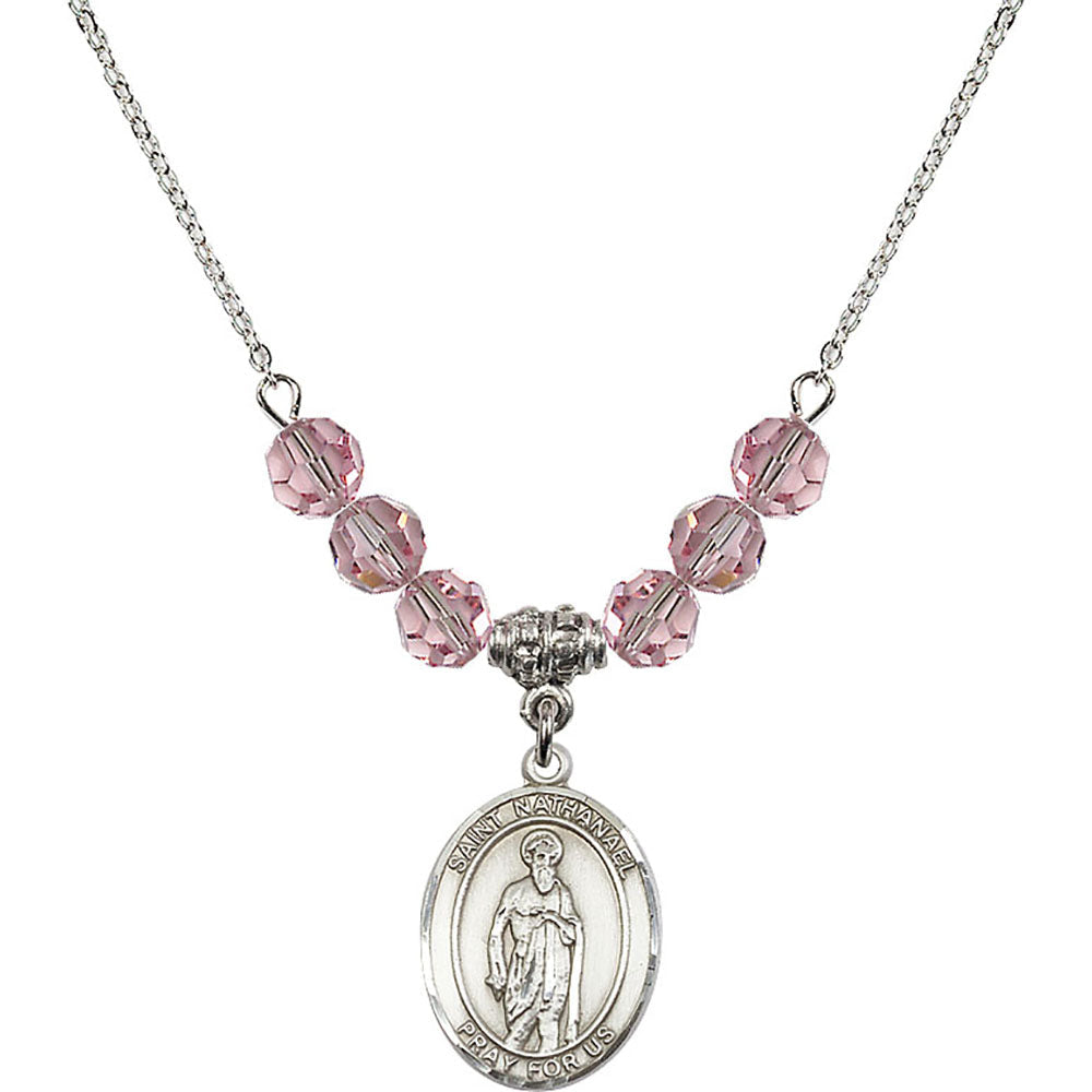 Sterling Silver Saint Nathanael Birthstone Necklace with Light Rose Beads - 8398