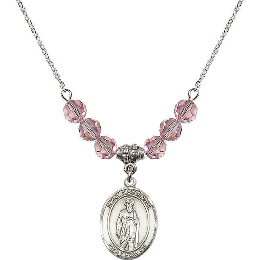 Sterling Silver Saint Nathanael Birthstone Necklace with Light Rose Beads - 8398
