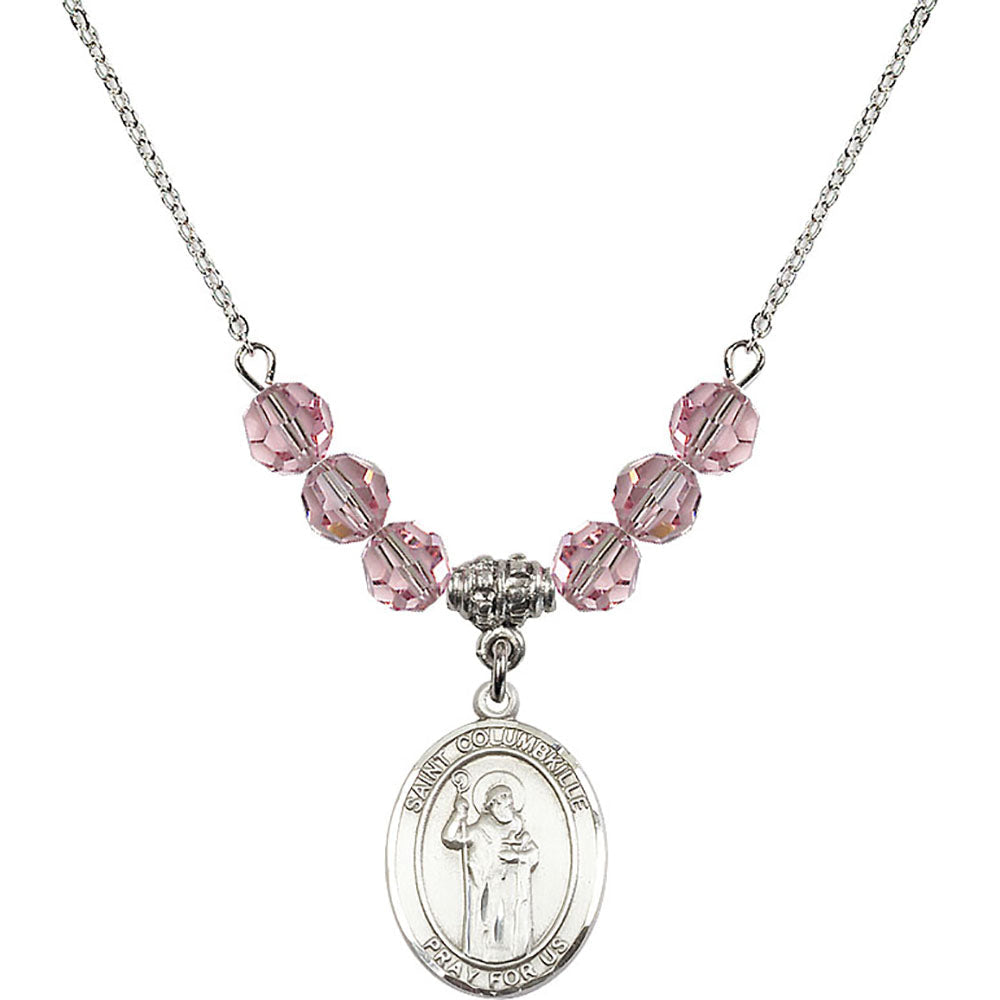 Sterling Silver Saint Columbkille Birthstone Necklace with Light Rose Beads - 8399