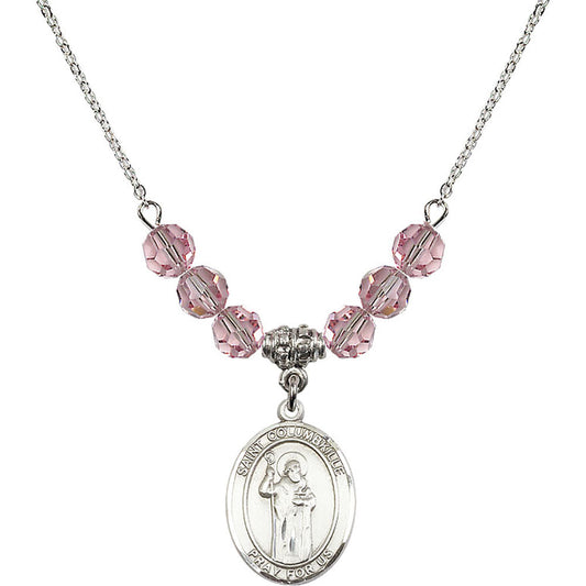 Sterling Silver Saint Columbkille Birthstone Necklace with Light Rose Beads - 8399