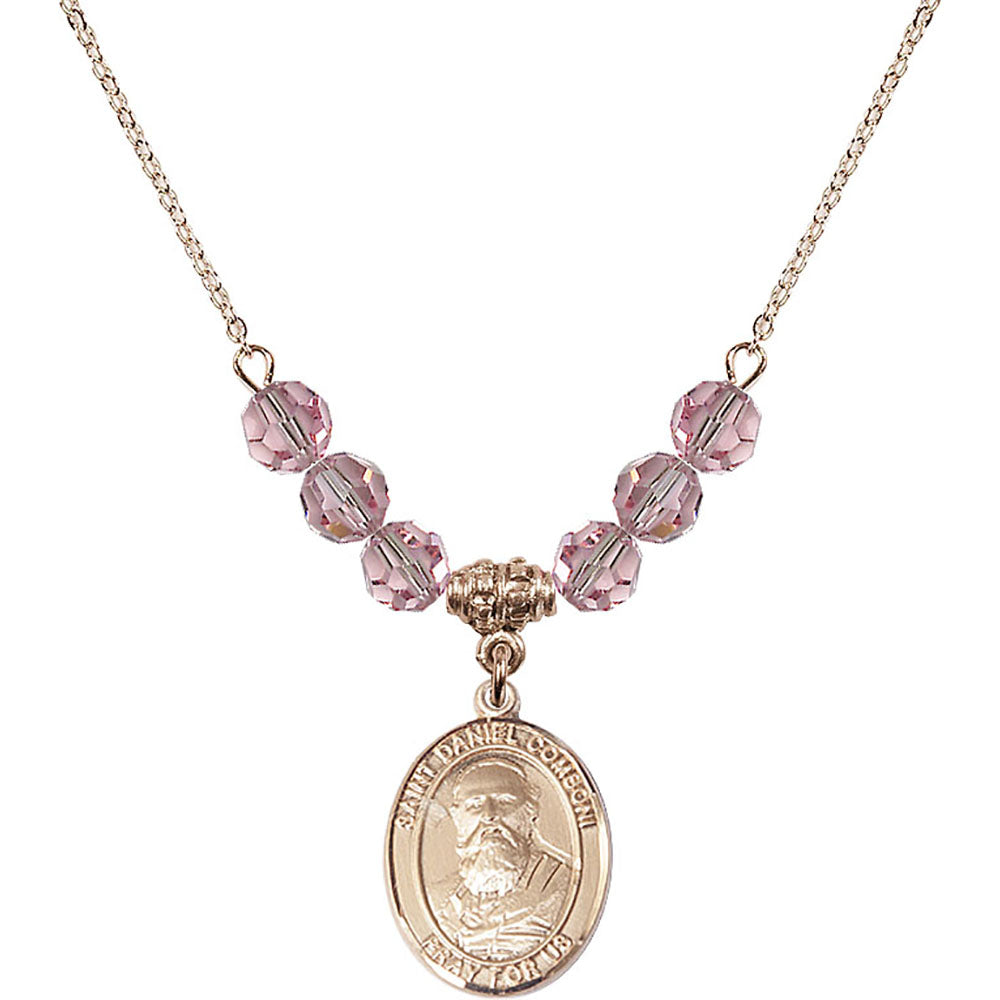 14kt Gold Filled Saint Daniel Comboni Birthstone Necklace with Light Rose Beads - 8400