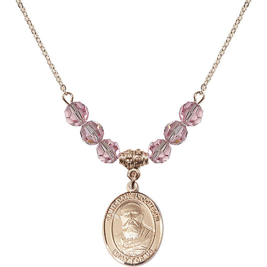 14kt Gold Filled Saint Daniel Comboni Birthstone Necklace with Light Rose Beads - 8400