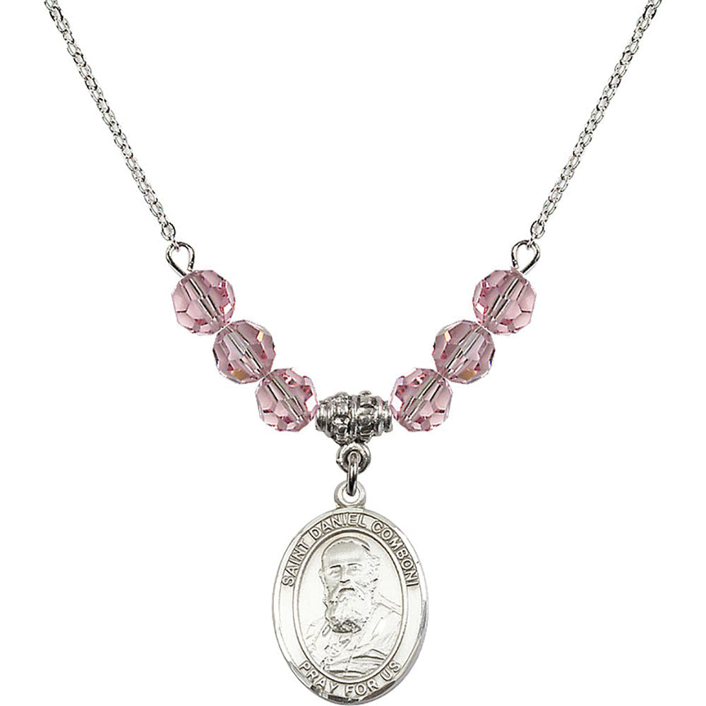 Sterling Silver Saint Daniel Comboni Birthstone Necklace with Light Rose Beads - 8400