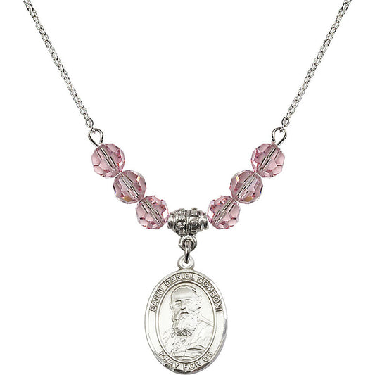 Sterling Silver Saint Daniel Comboni Birthstone Necklace with Light Rose Beads - 8400