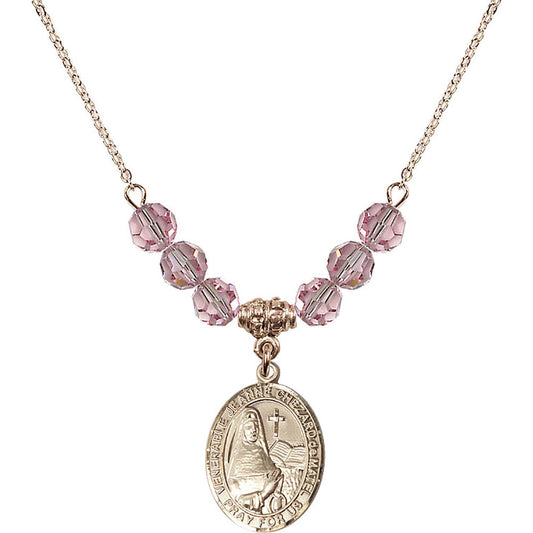 14kt Gold Filled Saint Jeanne Chezard de Matel Birthstone Necklace with Light Rose Beads - 8401