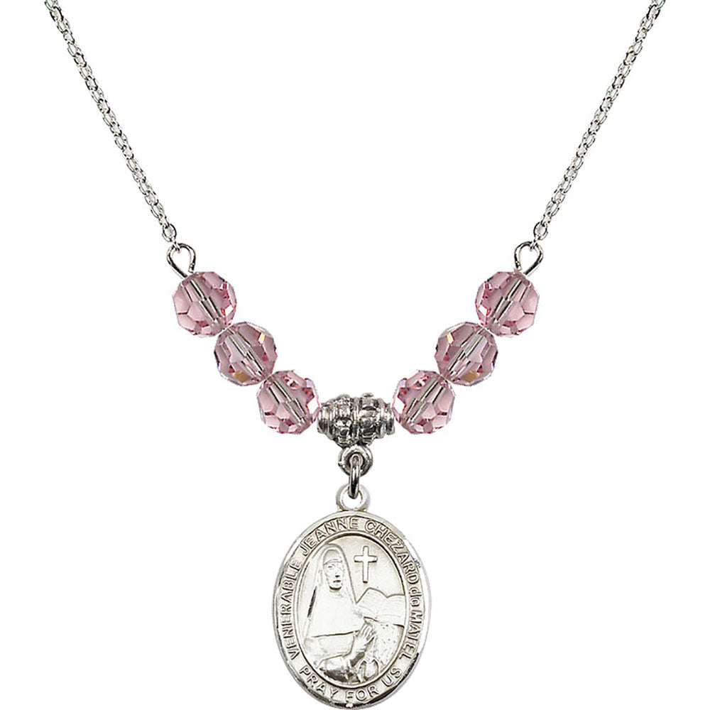 Sterling Silver Saint Jeanne Chezard de Matel Birthstone Necklace with Light Rose Beads - 8401