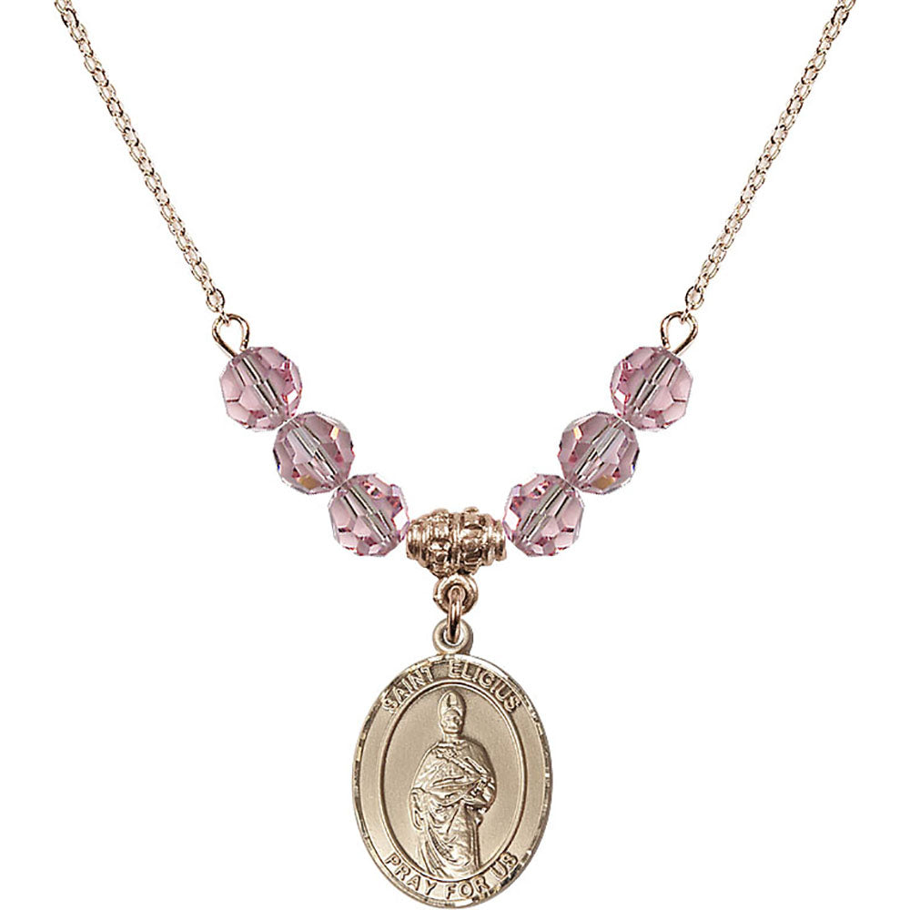 14kt Gold Filled Saint Eligius Birthstone Necklace with Light Rose Beads - 8402
