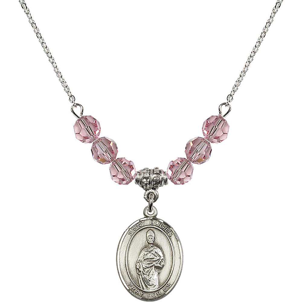 Sterling Silver Saint Eligius Birthstone Necklace with Light Rose Beads - 8402