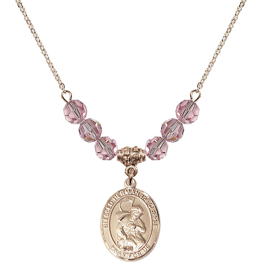 14kt Gold Filled Blessed Herman the Cripple Birthstone Necklace with Light Rose Beads - 8403