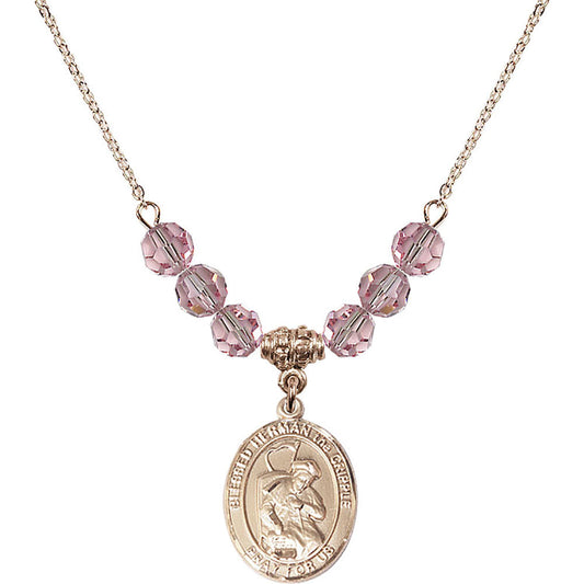 14kt Gold Filled Blessed Herman the Cripple Birthstone Necklace with Light Rose Beads - 8403
