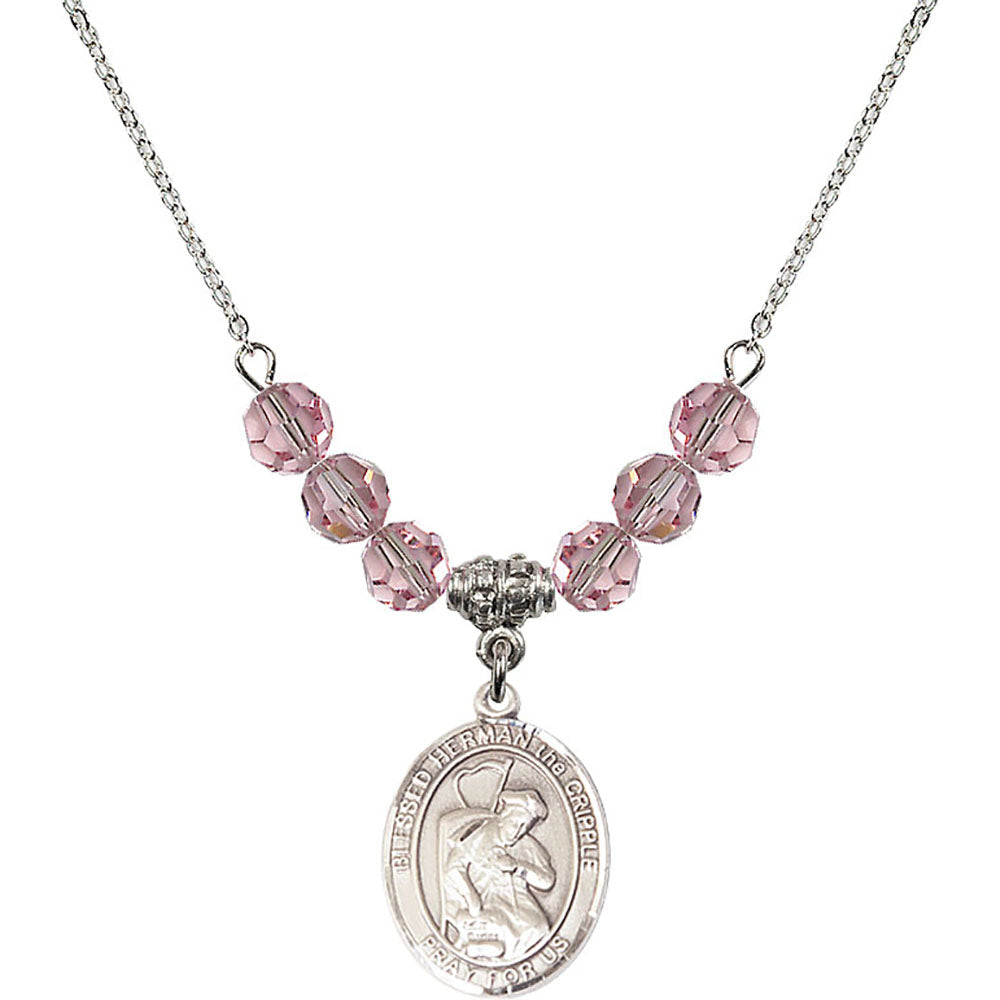 Sterling Silver Blessed Herman the Cripple Birthstone Necklace with Light Rose Beads - 8403