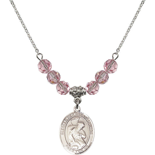 Sterling Silver Blessed Herman the Cripple Birthstone Necklace with Light Rose Beads - 8403