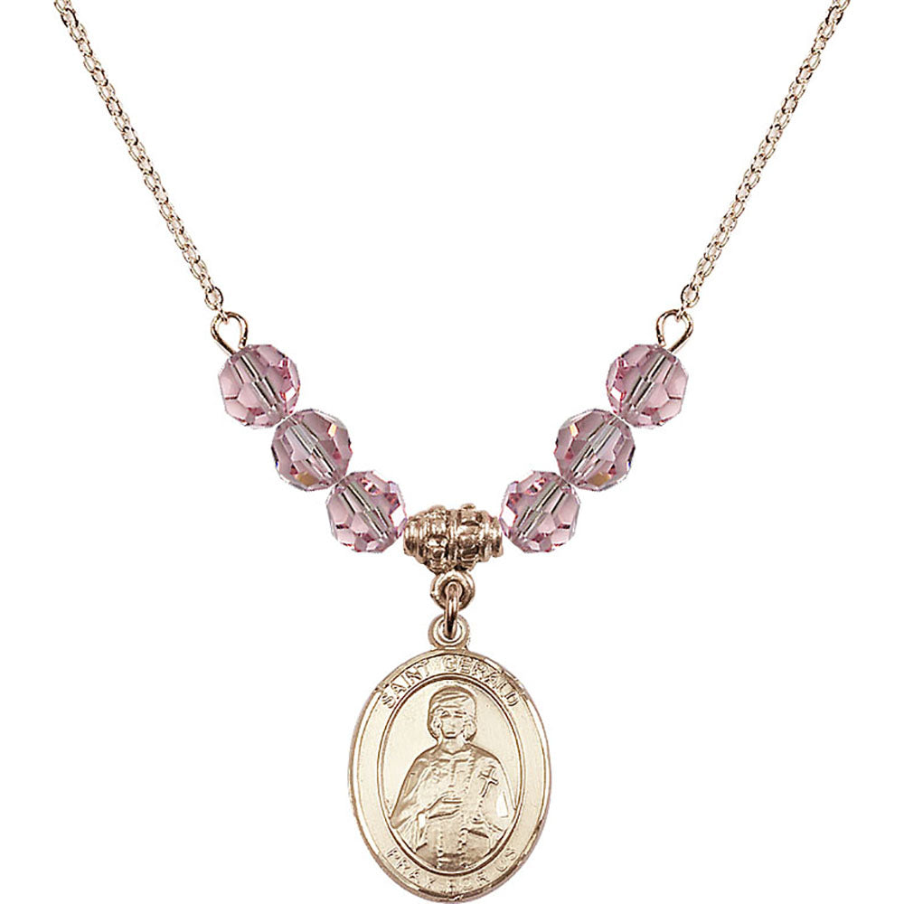 14kt Gold Filled Saint Gerald Birthstone Necklace with Light Rose Beads - 8404