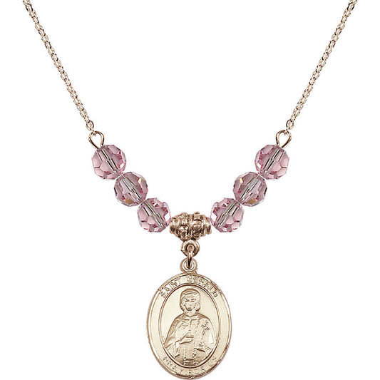 14kt Gold Filled Saint Gerald Birthstone Necklace with Light Rose Beads - 8404