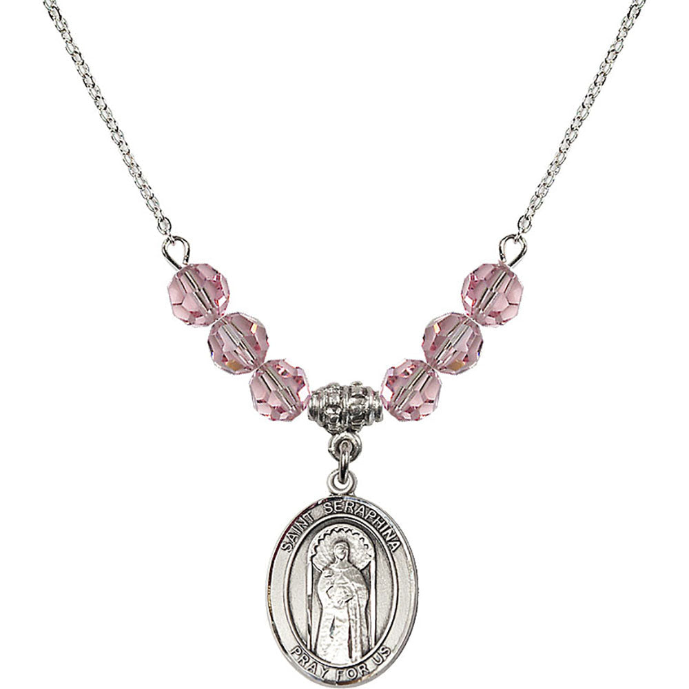 Sterling Silver Saint Seraphina Birthstone Necklace with Light Rose Beads - 8405