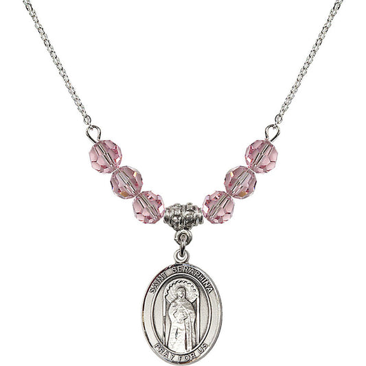 Sterling Silver Saint Seraphina Birthstone Necklace with Light Rose Beads - 8405