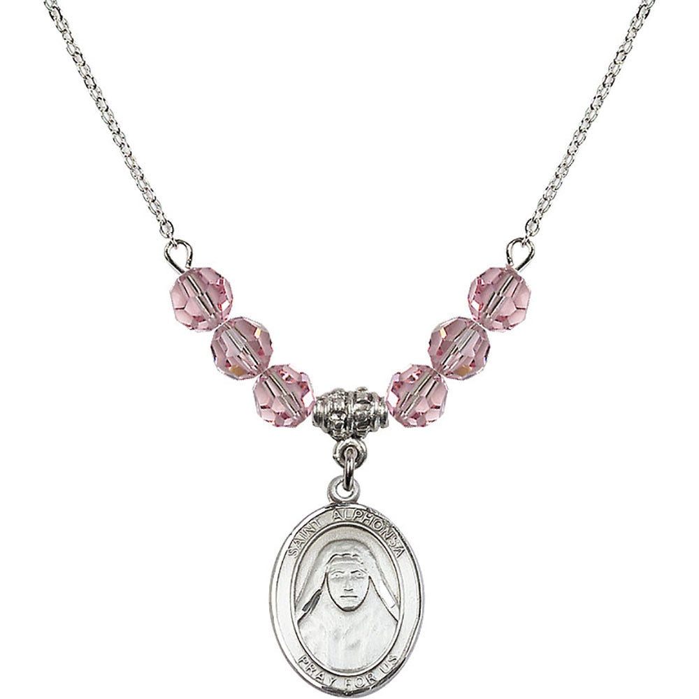 Sterling Silver Saint Alphonsa of India Birthstone Necklace with Light Rose Beads - 8406