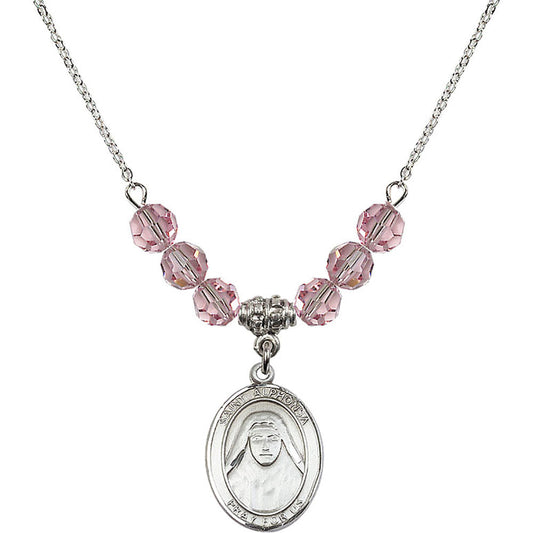 Sterling Silver Saint Alphonsa of India Birthstone Necklace with Light Rose Beads - 8406