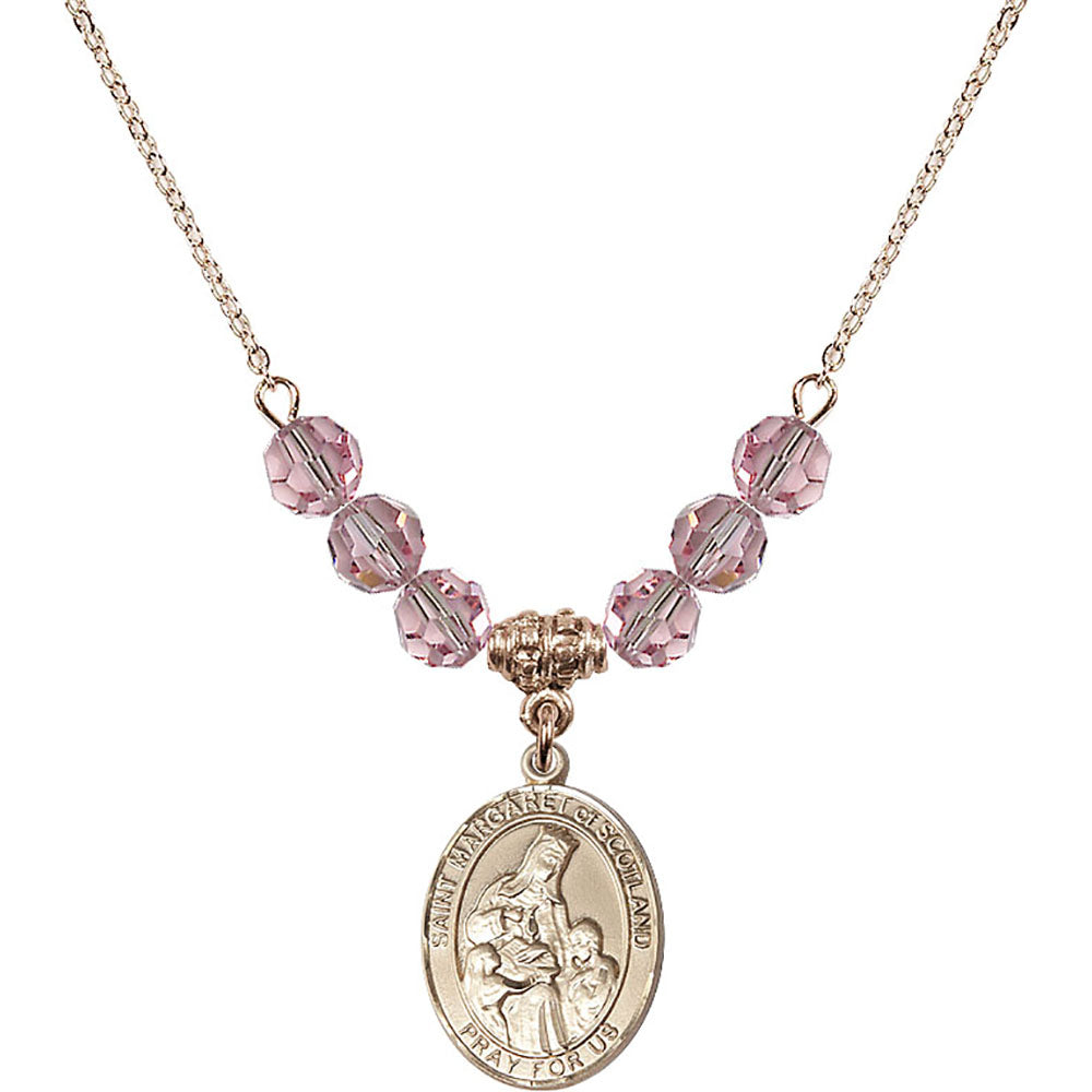 14kt Gold Filled Saint Margaret of Scotland Birthstone Necklace with Light Rose Beads - 8407