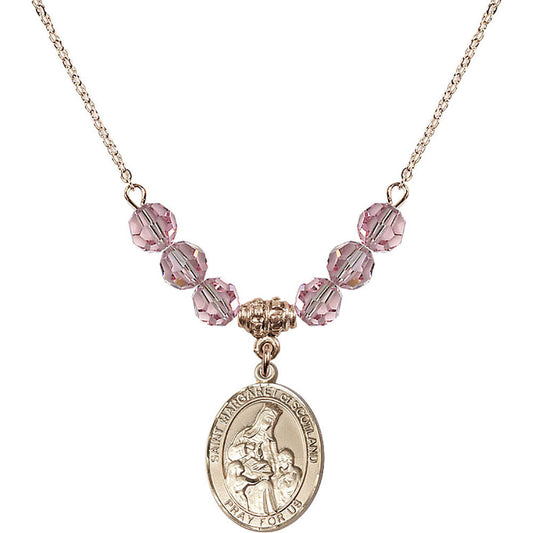 14kt Gold Filled Saint Margaret of Scotland Birthstone Necklace with Light Rose Beads - 8407