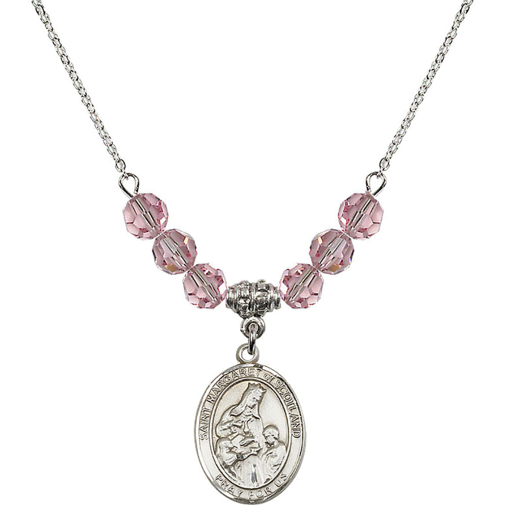 Sterling Silver Saint Margaret of Scotland Birthstone Necklace with Light Rose Beads - 8407