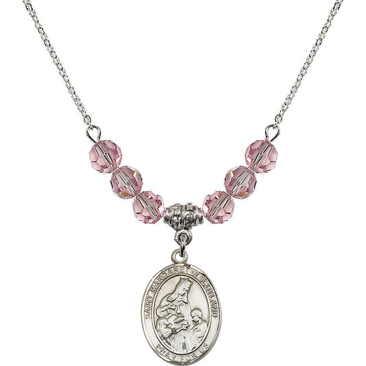 Sterling Silver Saint Margaret of Scotland Birthstone Necklace with Light Rose Beads - 8407