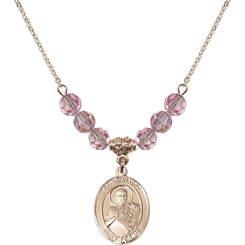 14kt Gold Filled Saint Viator of Bergamo Birthstone Necklace with Light Rose Beads - 8408
