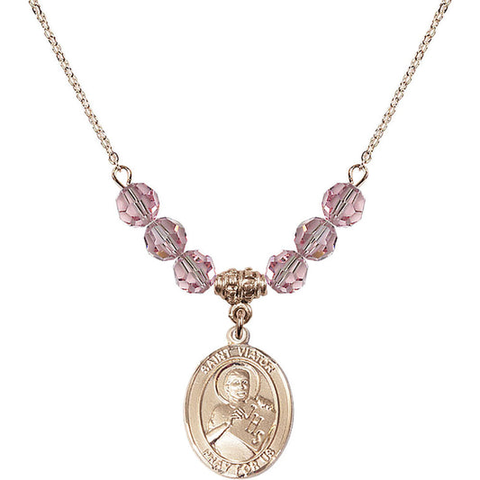 14kt Gold Filled Saint Viator of Bergamo Birthstone Necklace with Light Rose Beads - 8408