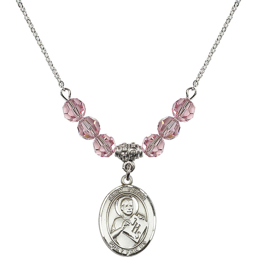 Sterling Silver Saint Viator of Bergamo Birthstone Necklace with Light Rose Beads - 8408