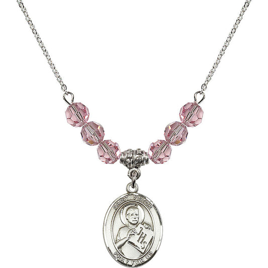 Sterling Silver Saint Viator of Bergamo Birthstone Necklace with Light Rose Beads - 8408