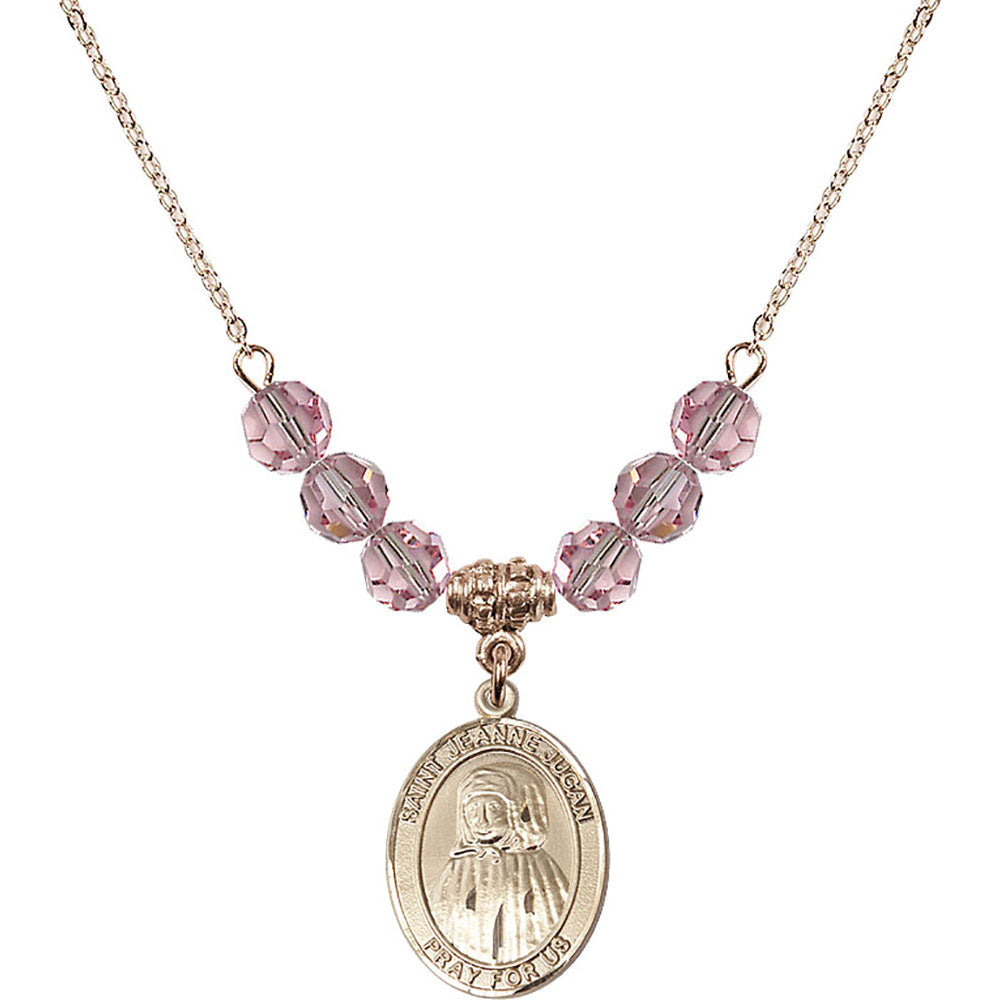 14kt Gold Filled Saint Jeanne Jugan Birthstone Necklace with Light Rose Beads - 8409