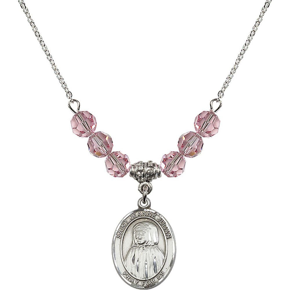 Sterling Silver Saint Jeanne Jugan Birthstone Necklace with Light Rose Beads - 8409