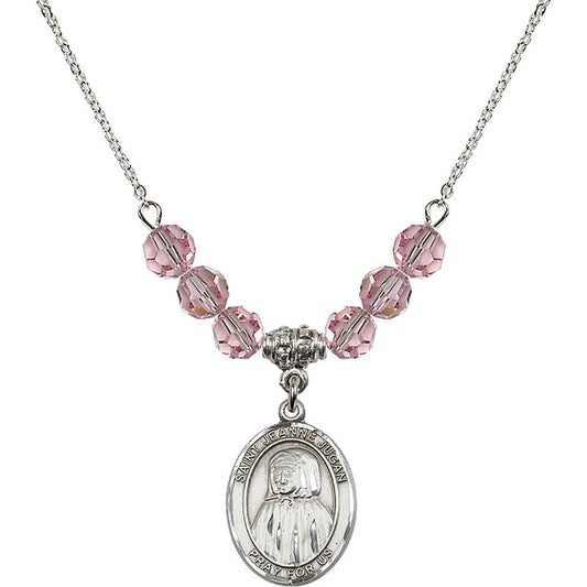 Sterling Silver Saint Jeanne Jugan Birthstone Necklace with Light Rose Beads - 8409