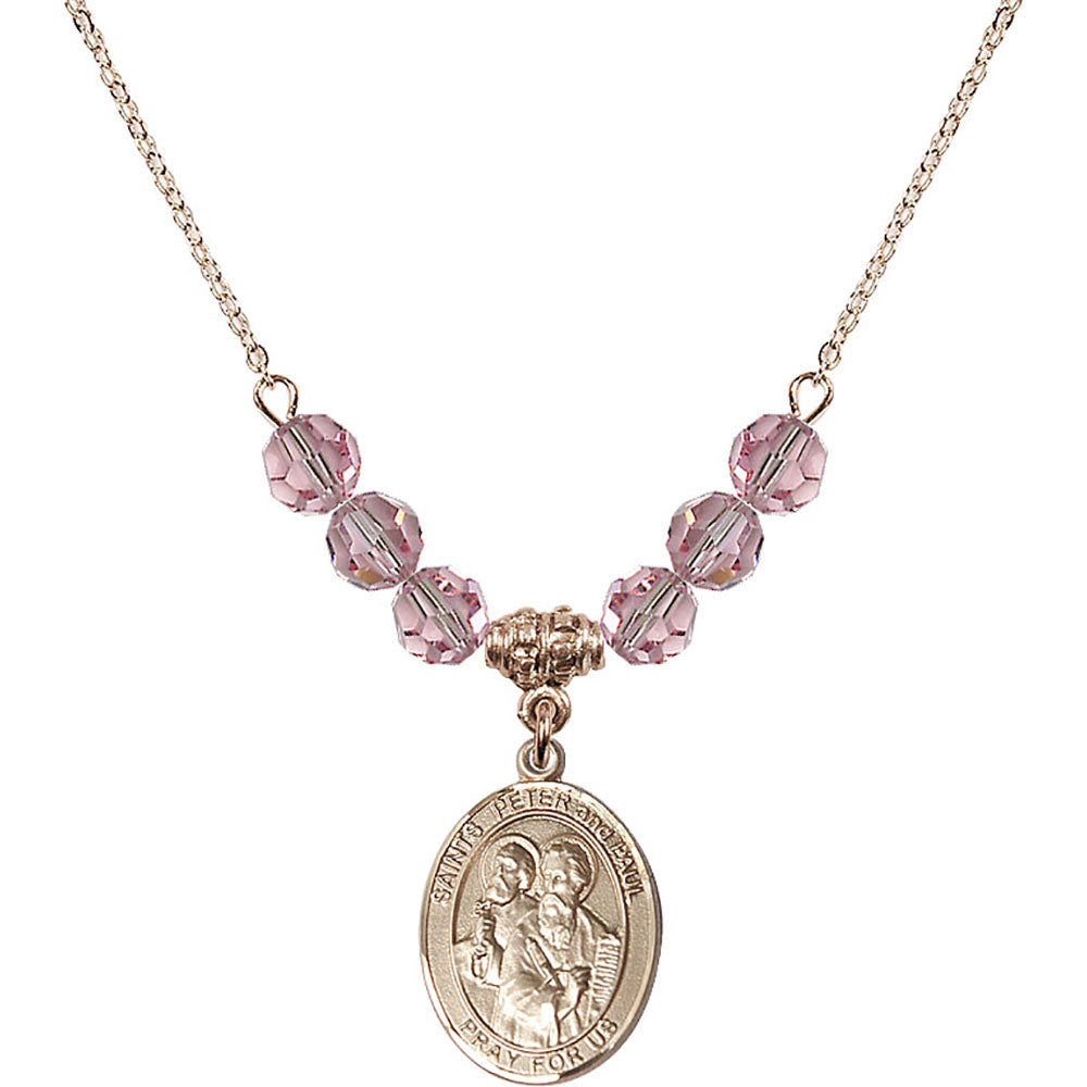 14kt Gold Filled Saints Peter & Paul Birthstone Necklace with Light Rose Beads - 8410
