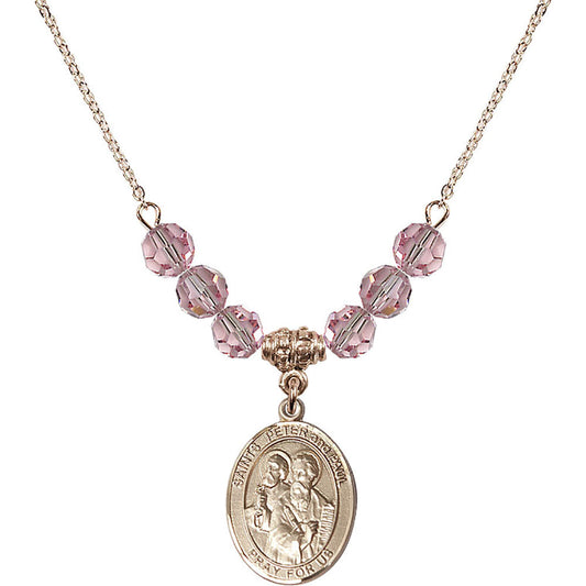 14kt Gold Filled Saints Peter & Paul Birthstone Necklace with Light Rose Beads - 8410