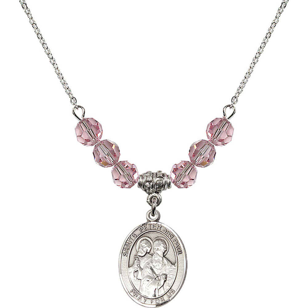 Sterling Silver Saints Peter & Paul Birthstone Necklace with Light Rose Beads - 8410