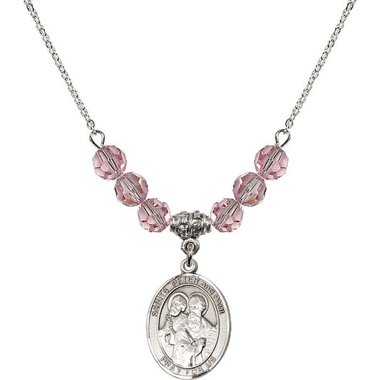 Sterling Silver Saints Peter & Paul Birthstone Necklace with Light Rose Beads - 8410