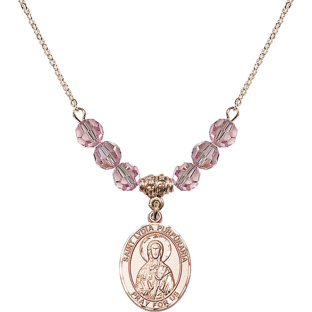 14kt Gold Filled Saint Lydia Purpuraria Birthstone Necklace with Light Rose Beads - 8411